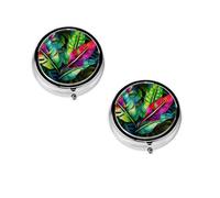Colorful Tropical Leaf -Print Portable Round Pill Box - Stylish Round Pill Organizer for Travel Compartments Gift for Medication Management