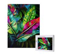 Colorful Tropical Leaf Printed Jigsaw Puzzle with Storage Box, Wooden Puzzle for Adults and Kids, 500 Pieces Family Fun Decorative Game