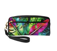 Colorful Tropical Leaf Printed Makeup Bag for Women Travel PU Leather Cosmetic Bag with Wristlet Toiletry Bag
