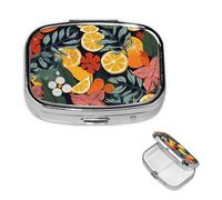 Colorful Tropical Leaves and Lemons Pill Case Portable Square Pill Box 2 Compartment Pill Organizer Cute Travel Pill Container Vitamin Organizer for Purse Pocket Travel Gift