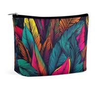 Colorful Tropical Leaves Pattern Makeup Bag Wide-Open Travel Bag Organizer for Toiletry Make Up Cosmetic Waterproof Portable Zipper Pouch Purse Lightweight Small Makeupbag Gift for Women Girl
