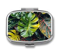Colorful Tropical Leaves Pattern Pill Box 2 Compartment Square Metal Pill Organizer Portable Mini Travel Medicine Case with Mirror Cute Medicine Container Holder for Pocket Purse