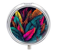 Colorful Tropical Leaves Pattern Pill Box 3-Compartment Medicine Pill Case Portable Round Pill Box Pill Container Holder to Hold Vitamins Decorative Metal Medicine Organizer