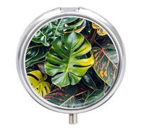 Colorful Tropical Leaves Pattern Pill Box 3 Compartment Round Metal Pill Organizer Portable Mini Travel Medicine Case with Mirror Cute Medicine Container Holder for Pocket Purse