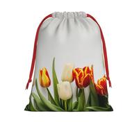 Colorful Tulips Print Christmas Drawstring Gift Bags, Xmas Holiday Fabric Gift Wrapping Bag For Party, Size-L