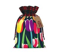 Colorful Tulips Print Festive Christmas Drawstring Gift Bags For Xmas Decorative Present Wrapping Needs