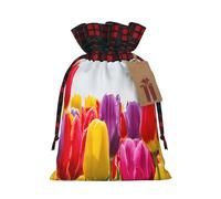 (Colorful Tulips) Reusable S Size Bag Sack With Drawstring Eco-Friendly Plaid Burlap Pouch For Party Wedding Favors.
