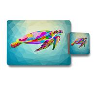 colorful turtle floating underwater in the geometric blue water ocean placemat coaster set Benjamin Tate Design Natural One Size