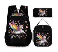 Colorful Un-icorns Butterflies Backpack with Lunch Bag And Pencil Case | 3Pcs Printed Backpack Set,Travel Daypack