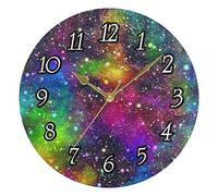Colorful Universe, Nebula Night Starry Sky Rainbow Glittering Galaxy Wall Clock, Silent Non-Ticking Easy to Read Round Decorative Wall Clock with Gold Hands for Home Office School 9.5" in Diameter
