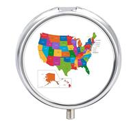 Colorful USA Map with States and Capital Cities on White Iron Pill Box Case Organizer with Internal Separate Plastic Dividers, Travel Small Medicine Bag Holder Carrier Round Container