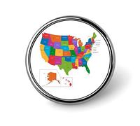 Colorful USA Map with States and Capital Cities on White Round Brooch Pin, Unisex Smooth Surface Lapel Tie Pin, Lightweight Badge Jewelry Crafts Decor for Costume Accessory Men Women