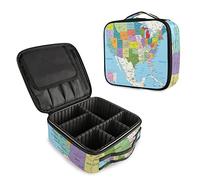 Colorful USA Political Road Map with Roads, Water Objects and Cities Women's Portable Makeup Bags with Handle, Adjustable Dividers, Travel Cosmetic Toiletry Accessories Storage Organizer for Girls