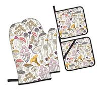 Colorful Variety of Mushrooms Fansmall Black and WhiteMushroom Oven Mitts and Pot Holders Sets of 4,NonSlip Heat Resistant Oven Gloves for Baking Cooking Grilling BBQ