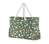 Colorful Various Pills Green Sandproof Bag Carry On with side pocketes Big Tote Bags Perfect for Travel Pool Swim Beach Vacation Necessities