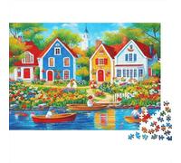 Colorful Village Scene 1000 Pieces Puzzles Beautiful View Lakefront Homes Art Home Decoration Decompression Jigsaw for Men And Women Challenging Puzzles Jigsaw Puzzles for Adults 38x26cm/1000pcs