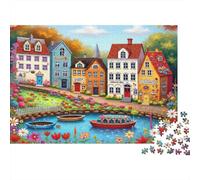 Colorful Village Scene_2 1000 Piece Idyllic Waterfront Town Art Jigsaw Puzzle For Adults Thick Card Board Stress Relief Educational Game Wall Decoration 38x26cm/1000pcs