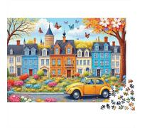 Colorful Village Street 1000 Piece Jigsaw Puzzles Colorful Town with Yellow Beetle Adults Aged 12 And Above Educational Games Beautiful Decoration Challenge High Difficulty Male And Female Birthday