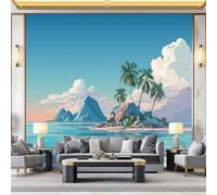 Colorful Wall Mural - Painted Palm Trees Island Mountains Mural Photo Wallpaper for Living Room, Bedroom Decor, Modern Wall Art, Non-Woven Photo Wallpaper 3D Effect, 350 x 256 cm (W x H)