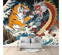 Colorful Wall Wallpaper Mural Japanese Style Oriental Dragon and Tiger Patterned Premium Non-Woven Wallpaper Mural for Bedroom livingroom Wall Modern 200 x 140 cm Art Print Mural Wallpaper