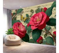 Colorful Wallpaper Mural, Non-Woven Retro Camellia Musical Notes Butterflies Print Photo Wallpaper for Bedrooms Living Room Room Decor Sofa Tv Background Large Wall Painting 200 x 140 cm (W x H)