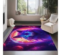 Colorful Washable Area Rug 140 x 200 cm, Mythical Planet Wolf Printed Design Short Lint Non-Slip Backing Carpet For Living Room, Open-Plan Lounge Tea Rooms Country Estates Outdoor Rug