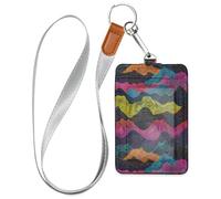 Colorful Waves Leather Work Badge Holder with Lanyard and 3-Card Capacity id Card Holder Vertical for Office School IDs,Hotel Key Cards, Pass Cards