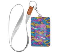 Colorful Waves Lines Hand Drawn Doodle Style Leather id Card Badge Holder with Lanyard and 3-Card Capacity Name Card Holders for Office School IDs,Hotel Key Cards, Pass Cards