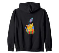 Colorful Whimsical Cat Watching a Feather Zip Hoodie