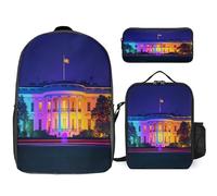 Colorful White House Washington 3-Piece Casual Backpack with Lunch Box And Pencil Case Funny Rucksack Set for Travel Work