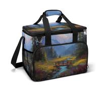 Colorful Wildflower Sunset Wooden Bridge Camping Cooler Bags Insulated Beach Cooler Portable Leak Proof Camping Cooler with Shoulder Strap