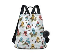 Colorful Winter Birds White Animal Backpack for Women, Fashion Daypack Back Zip Multi Pocket Leather Pom Charm 17L