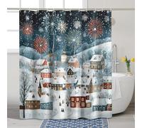 Colorful Winter Shower Curtain, Festive Christmas Town Scene with Fireworks for Holiday Bathroom Decor, Cozy Winter Wonderland Waterproof Fabric Shower Curtain Set with Hooks 72x72 Inch