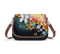 Colorful with Butterfly Crossbody Bag for Women Leather Crossover Shoulder Handle Bag with Adjustable Strap Hobo Handbag Large Capacity Purse Work Handbag for Daily Outdoor
