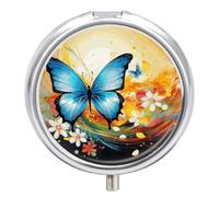 Colorful with Round Butterfly Pill Cases with 3 Compartments, Portable Travel Pill Organizer Box, Mini Metal Pill Holder and Vitamin Containers for Oil