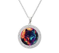 Colorful Wolf And Moon Round Pendant Necklaces for Women Alloy Rhinestone Jewelry Custom Picture Necklace