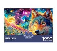 Colorful Wolf, Big Moon, Snowy Village Under Starry Sky 1000-Piece Jigsaw Puzzle Enchanted Spirit Wolf - Great for Game Nights, Adults & Kids 38x26cm/1000pcs
