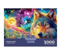 Colorful Wolf, Big Moon, Snowy Village Under Starry Sky 1000Pc Jigsaw Puzzle Enchanted Spirit Wolf - Ideal for Family Fun, Adults & Kids 52x38cm/1000pcs