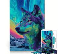 Colorful Wolf Portrait Under Aurora Borealis Jigsaw Puzzles for Adults 1000 Mental Skill, Sharp Edge, Enjoyable Challenge, Christmas Surprise (38x52cm)