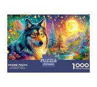 Colorful Wolf Rests by River, Bright Moonlit Woods 1000-Piece Jigsaw Puzzle Cool Wolf Brainteasing Challenge for Adults & Kids 38x26cm/1000pcs