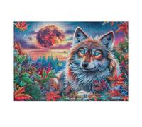 Colorful Wolf with Red Moon And Maple Leaves 300 Piece Jigsaw Puzzle for All Ages Jigsaw Parent Child Team Building Vibrant Challenge Ideal Festival Gift Home Decor 300 PCS