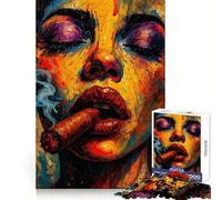 Colorful Woman Smoking Cigar Painting for Adults 1000 Piece Jigsaw Puzzle Logic Skill, DownTime Game, Family Bond, Wall Art (38x52cm)