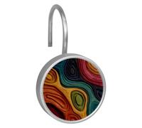 Colorful Wood Pattern (1) Round Crystal Glass Decorative Shower Curtain Hooks with 3D Pattern Visual, Rust Proof Shower Curtain Rings-12 Pack