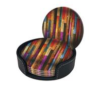 Colorful Wood Pattern Painted Coasters Set Of 6 For Drinks With Holder, Print Round Leather Non Slip Tabletop Protection Coasters
