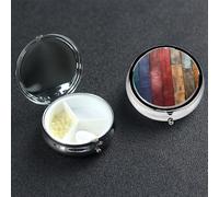 Colorful Wooden Board Pill Box 3 Compartment Round Portable Pill Case for Pocket or Purse Small Weekly Medicine Planner Travel Pillbox with Mirror Decorative Metal Vitamin Holder Gifts