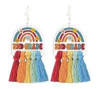 Colorful Wooden Tassel Earrings for Teachers First Day of School Dangle Earrings with Rainbow Floral Design Back to School Gift (2nd)