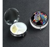 Colorful Zebra On Black Background Pill Case Portable Metal Pill Box 3 Compartment Pill Organizer Cute Travel Pill Container Vitamin Organizer for Purse Pocket Travel Gift