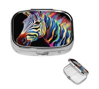 Colorful Zebra On Black Background Pill Case Portable Square Pill Box 2 Compartment Pill Organizer Cute Travel Pill Container Vitamin Organizer for Purse Pocket Travel Gift