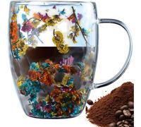 (Colorful2) Dried Flowers Glass Coffee Mug, 350ml Double Walled Clear Coffee Cup, Coffee Mug Built-in Selected Dried Flowers, Insulated Layer Flowers Glass