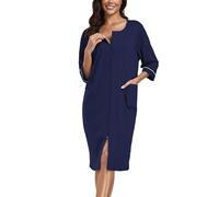 COLORFULLEAF 100% Cotton Dressing Gown Women's Lightweight Bathrobe Women's 3/4 Sleeves with Zip Bathrobe with Pockets Short, A-navy blue, M Große Größen